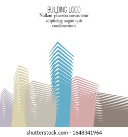 Konzept der Vektorillustration des Gebäudezeichens. Städtische Umgebung mit einer Vielzahl von Gebäuden und Strukturen. Architektonische Lösung.  Einzeln auf dem Hintergrund und einfach zu verwenden für Logo, Marke, Symbol.
