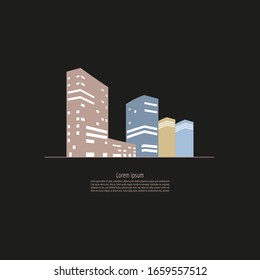 Vector concept of the building logo. Urban environment with a variety of buildings and structures. Architectural solution.  Night scene.  Isolated on the background and easy to use for logo, brand, 