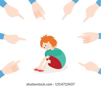 Vector concept of bullying and children harassment. Lonely girl kid victim sitting holding knees with sad depressed face with hands pointing to him.