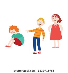 Vector concept of bullying and children harassment. Lonely redhead boy victim sitting holding knees with sad depressed face with children laughing and pointing to him.