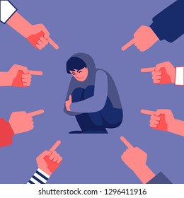 Vector concept of bullying and teen harassment. Lonely young man victim sitting holding knees with sad depressed face with hands pointing to him.