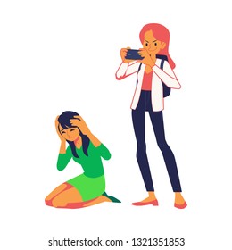 Vector concept of bullying and teen harassment. Young woman making photo of stressed girl in green shirt sitting at knees holding head after act of bullying.