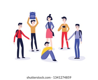 Vector concept of bullying and teenage harassment. Lonely teen man victim sitting holding knees with sad depressed face with children laughing and pointing to him.