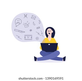 Vector concept of bullying and teenage harassment. Lonely teen girl sitting legs crossed with sad depressed face with negative evil messages from laptop laughing, humiliating.