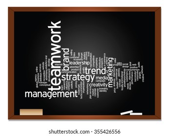 Vector concept business abstract word cloud on blackboard and chalk background for business, trend, media, focus, market, value, product, advertising or customer. Also for corporate wordcloud