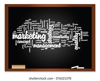 Concepto vectorial nube de palabras abstracta en pizarra y fondo tiza como metáfora para negocios, tendencia, medios, enfoque, mercado, valor, producto, cliente publicitario. También para la nube de palabras corporativa