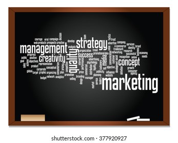 Concepto de vectores nube de palabras abstracta en pizarra y metáfora de fondo de tiza para negocios, tendencias, medios, enfoque, mercado, valor, producto, publicidad o cliente. También para la nube de palabras corporativa