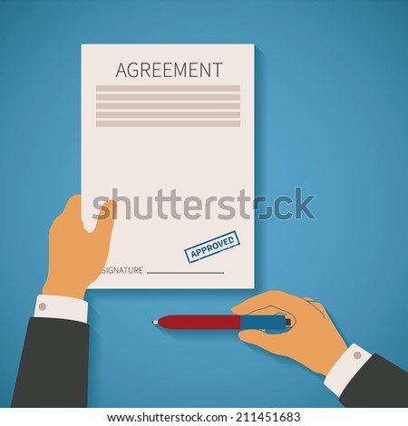 Vector concept of business deal with agreement paper stamp and pen