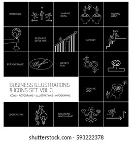 vector concept business icons set volume three | flat design linear illustration and infographic white isolated on black background