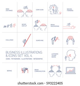 vector concept business icons set volume four | flat design linear illustration and infographic blue and red isolated on white background