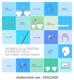 vector concept business icons set volume four | flat design linear illustration and infographic white and blue isolated on colorful background