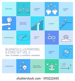 vector concept business icons set volume three | flat design linear illustration and infographic white and blue isolated on colorful background
