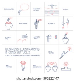vector concept business icons set volume two | flat design linear illustration and infographic blue and red isolated on white background