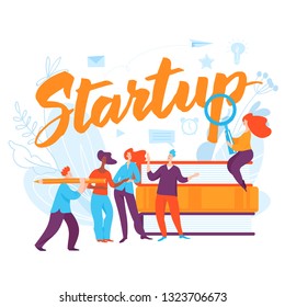 Vector concept business illustration with cartoon working people. Startup illustration.  
