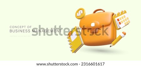 Vector concept of business management. Yellow 3D briefcase, calendar, planner, pencil, coin. Smart planning of work schedule. Distribution of tasks. Color poster