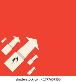 Vector concept of business opportunities or obstacles. Pointing arrow with a chasm. The businessman looks through binoculars. . The concept of foresight, risk. Symbol of the future, career success