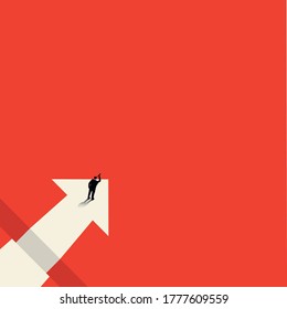 Vector concept of business opportunities or obstacles. Pointing arrow with a chasm. The businessman looks through binoculars. . The concept of foresight, risk. Symbol of the future, career success