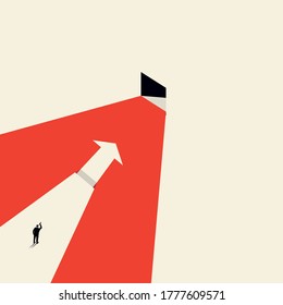 Vector concept of business opportunities or obstacles. Pointing arrow with a chasm. The businessman looks through binoculars. . The concept of foresight, risk. Symbol of the future, career success