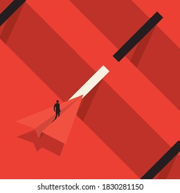 Concepto vectorial de oportunidades u obstáculos comerciales. Un hombre de negocios vuela en un avión. Valor, valor, concepto de riesgo. Un símbolo del futuro, el éxito en la carrera