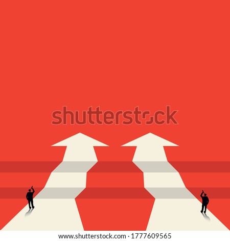 Vector concept of business opportunities or obstacles. Pointing arrow with a chasm. The businessman looks through binoculars. . The concept of foresight, risk. Symbol of the future, career success