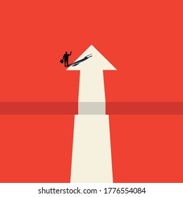 Vector concept of business opportunity or obstacle. Businessmen standing on the edge of the abyss. arrow idea go to the end. The concept of courage, courage, risk. Symbol of the future, career success