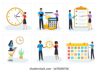 Vektorillustration Konzept von Geschäftsleuten, die Aufgaben planen und organisieren. Wirksames Zeitmanagement. Planen. Frist. Organisation des Arbeitsprozesses. Produktivitätssteigerung. Unternehmergeist. Clipart