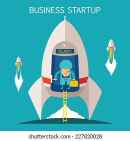 Vector concept of business startup with space rocket and cosmonaut