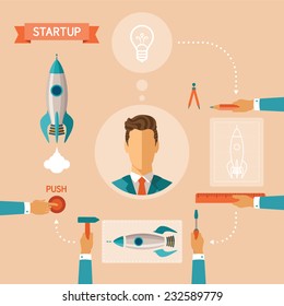 Vector concept of business startup with space rocket construction process
