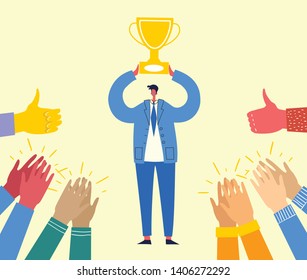 Vector concept of Business team achievements, Team victory, Win concept with characters. People hold a cup and celebrate success.