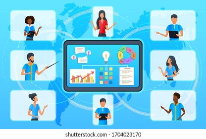 Vector Concept, Business Team In Video Conference During Online Meeting, Senior Business Woman In Video Call Talking With Diverse Colleagues. Videoconferencing. Virtual Classroom. Workshop Training. 