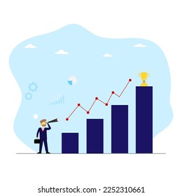 Vector concept businessman looking at goal target success by binoculars,Investment strategy growth graph business with reward trophy