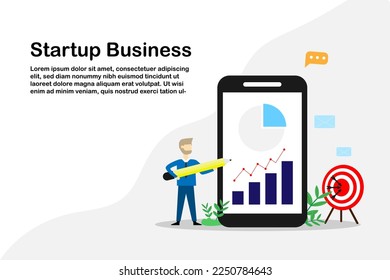 Vector concept businessman point pencil at strategy business graph at mobile phone screen,Startup investment goal