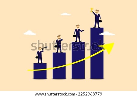 Vector concept businessman show trophy about successful of business standing on growth bar investment