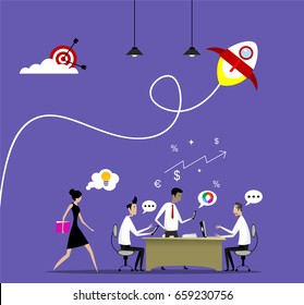 Vector concept of businessman teamwork, brainstorming, creating marketing, successful startup,Flat design