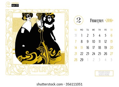 Vector concept of calendar page on February 2016 with an illustration. Art nouveau style.