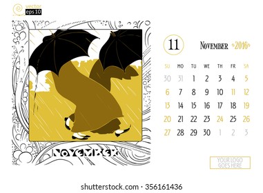 Vector concept of calendar page on November 2016 with an illustration. Art nouveau style.