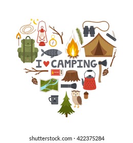 Vector concept camping background. Heart made from camping equipment and text "I love camping"