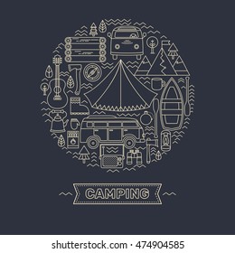 Vector concept with camping symbols. Line icons set of camp. Adventure outdoors collection elements: tent, minibus, boat, mountains, backpack, matches, binoculars, compass, guitar and others.