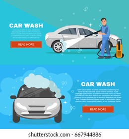 Vector concept car wash service illustration. Car washing concept horizontal banners set. Man worker washing car vector illustration.