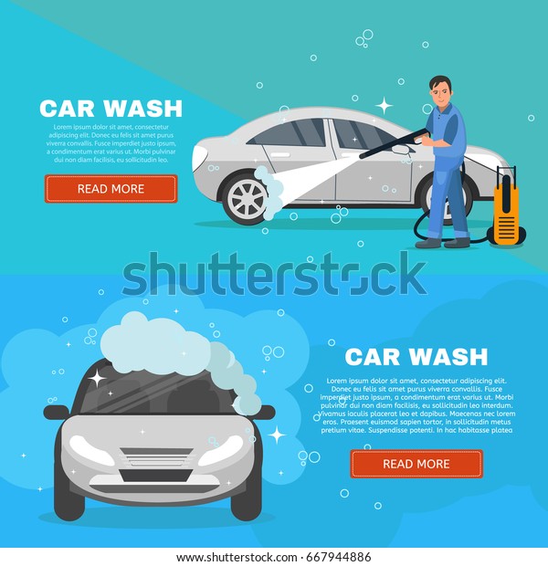 Vector concept car wash service\
illustration. Car washing concept horizontal banners set. Man\
worker washing car vector\
illustration.