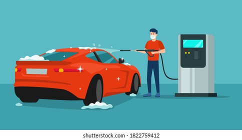 Concepto de vectores para el servicio de lavado de coches. Un hombre con máscara médica lava un auto en un lavado de auto-servicio. Ilustración del servicio de lavado de coches