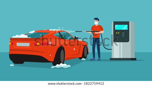 Vector concept for car washing service. A\
man in medical mask washes a car in a self-service car wash. Car\
wash service\
illustration