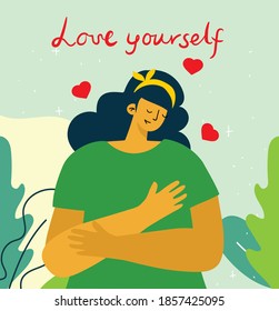 Vector concept card with cute smiling young girl with heart and text Love yourself. Mental health