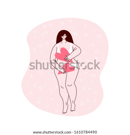 Vector concept card with cute young girl plus-size with heart in pastel palette that love herself