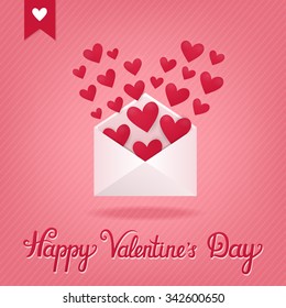 Vector concept card with open envelope and hearts in it. Holiday striped background with romantic letter and beautiful hand written text "Happy Valentine's Day". 