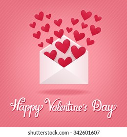 Vector concept card with open envelope and hearts in it. Holiday striped background with romantic letter and beautiful hand written text "Happy Valentine's Day". 