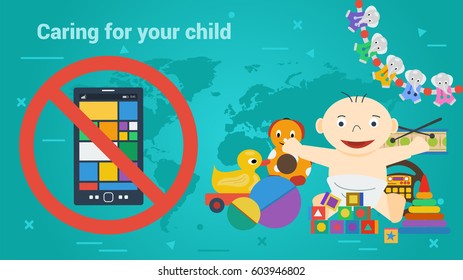 Vector concept caring about children and child addiction on electronic devices. Toys and smart phone in prohibiting sign. Banner for parents, education and social programs in flat style on green