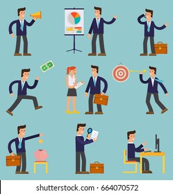 Vector concept cartoon character illustrations businessmen presentating a report, striking a target, searching information, talking with colleague, working with a computer, speaking by megaphone etc