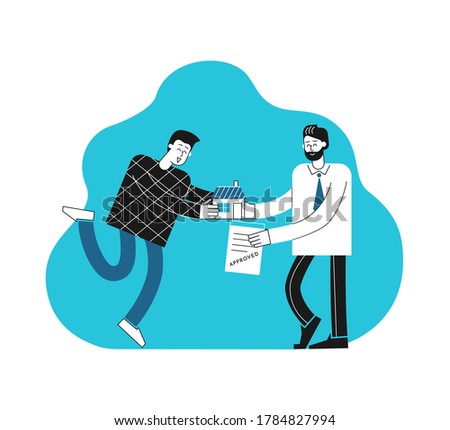 Vector concept. Cartoon customer get home from hands of mortgage broker. Successful deal. Happy young man hold accepted contract after bank aprroved loan to buy home. Minimalistic flat design