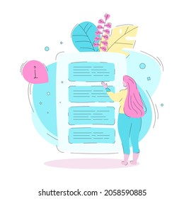 Vector concept of character opposite sheet with text. The girl reads the guides. Isolated flat illustration for website, landing page, and mobile app.